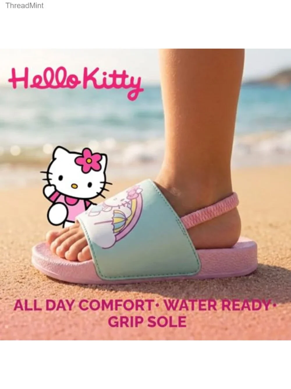 Girls Hello Kitty Slide Sandals w/ Backstrap, EVA Faux Leather, Beach Pool Shoes